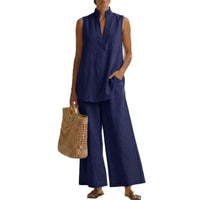 Women's Sleeveless V-Neck Casual Cotton And Linen Set