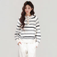 Autumn And Winter Lace Ruffle Color Block Stripe Thickened Knit Sweater