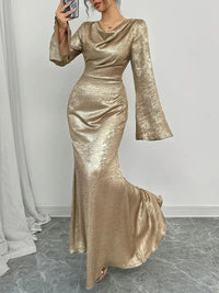 New Sexy Gold-dusted Evening Dress With Long Sleeves