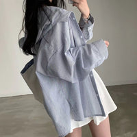 Long Sleeve Coat Plus Size Rimmed Patchwork Stripes Shirt For Women