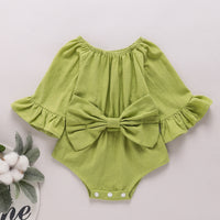 Girls' Solid Color Long Sleeve Bowknot Romper