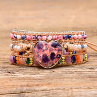 Heart-shaped Red Color-blocked Stone Bracelet With Rain Flower Stone Beads