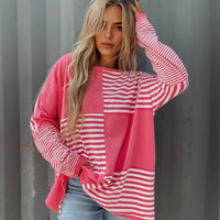 Womens Striped Color-block Crew-neck Top