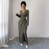 AutumnWinter Solid Color Elegant V Neck Pleated Long Sleeve Dress