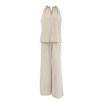 Khaki Cotton-Linen Hollowed-Out Lace-Up Sleeveless Halter Vest And Wide-Leg Pants Set