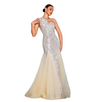One-shoulder Diagonal Collar Slim-fit Sheath Sequined Slit Evening Dress