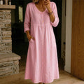 Fashionable Casual Loose Long-Sleeve Cotton-Linen Button-Up Womens Long Dress