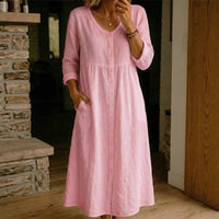 Fashionable Casual Loose Long-Sleeve Cotton-Linen Button-Up Womens Long Dress
