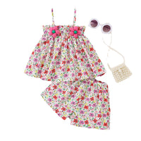 Girls' Three-dimensional Little Flower Suspender Top Shorts Two-piece Set
