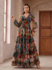 Printed Long-sleeve Puffed-sleeve Belted Maxi Dress