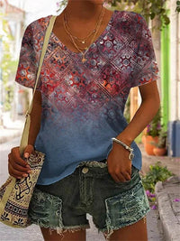 Women's Geometric Pattern Printed Short-sleeved V-neck Casual T-shirt