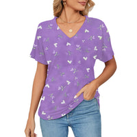Women's T-shirt, Natural Plant And Floral Print, Casual V-neck Short Sleeves