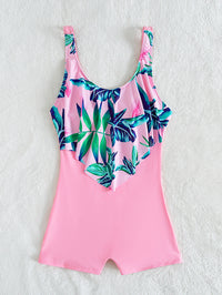 One Piece Tropical Plant Print Colorblock Boxer Conservative Swimsuit