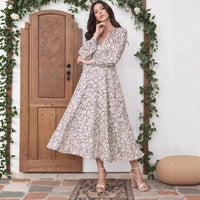 Elegant Printed V-Neck Long-Sleeve Womens Dress