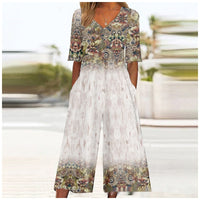 Summer Elegant V-Neck Jumpsuit With Three-Quarter Sleeves And Wide Legs