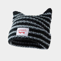 Handmade Knitted Striped Hat With Cute Cat Earscasual And Warm
