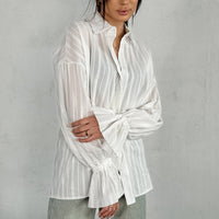 Design Jacquard Tie-neck Flared Sleeves Women's Shirt