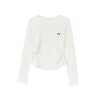 Regular Shoulder Round Neck Pleated Embroidery Long Sleeve Base Shirt