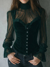 Mesh-panel Black Lace Top With Hollow-out Floral Trim