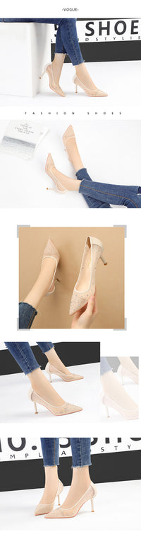 Korean Fashion Pointed Toe Rhinestone High Heels Mesh Stiletto Heel