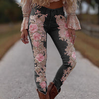 Womens Fashionable Casual Straight Denim Jeans With Floral Print
