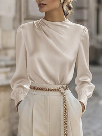 Simple Commuting Temperament Pleated High-neck Lantern Sleeve Blouse For Women