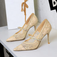 Mesh Rhinestone Pearl Single Strap Stiletto Heels