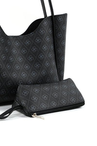 Monogram Black SHK108 Faux Leather Women Hand And Shoulder Bag With Wallet And Makeup Bag
