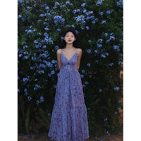 French-style Blue Floral Strap Dress For Women