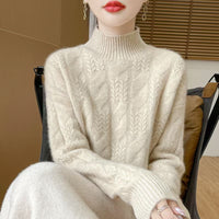 Female Solid Color Thickened Jacquard Turtleneck Wool Sweater