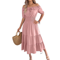 Casual Off-shoulder Ruffled Short-sleeve Belted Waistline Maxi Dress