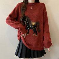 Laid-back Youth-boosting Super-cute New Year RedJacquard Sweater