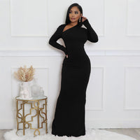 Womens Solid-Color Long-Sleeve Slim-Fit Dress