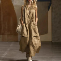Womens Loose-Fitting Sleeveless Cotton-Linen Dress With Pockets