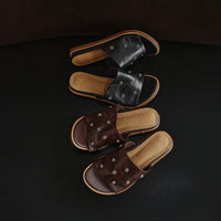 Women's Premium Full Grain Leather Studded Slide Sandals, Open Toe Flat Mules