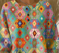 Womens Retro Printed Three-Button Stand-Up Collar Sweatshirt Top