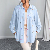 New Plus Size Womens Shirt Jacket With Bow Tie And Print Long Sleeve Top