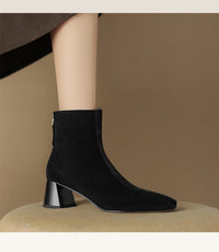European And American-style Square-toe Chunky-heel Horsehair Short Boots In Winter Sheepskin