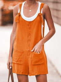 New Solid Color Round Neck Button Loose Short Jumpsuit