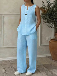 Women's V-Neck Sleeveless Knit Vest And Extended-Length Pants Set - Casual Cotton Blend Matching Outfit