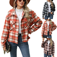 Lapel Plaid Button Loose Long-sleeved Woolen Coat