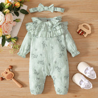 Girls' Small Floral Lotus Collar Long-sleeved Jumpsuit Plus Headscarf