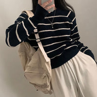 Autumn And Winter Contrast Color Striped Crew Neck Pullover Sweater