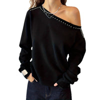 Womens Knitted Top With Rivet-Embellished Slanted Shoulders And Long Sleeves