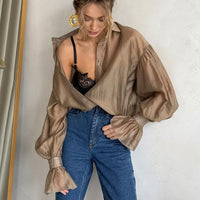 Sheer Long-sleeve Shirt Womens Fashion Elegant Casual