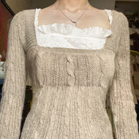 Retro Low Collar Square Collar Twisted Khaki Sweater