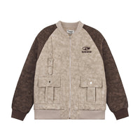 Color Contrast Patchwork Raglan Sleeve Baseball PU Leather Cotton Jacket