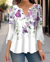 Women's Floral Printed 34 Sleeves V-neck Buttons Shirt