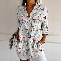 Womens Retro, Elegant Floral Print Long-Sleeve Shirt