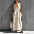Womens Simple Cotton-Linen V-Neck Buttoned Sleeveless Loose Long Dress